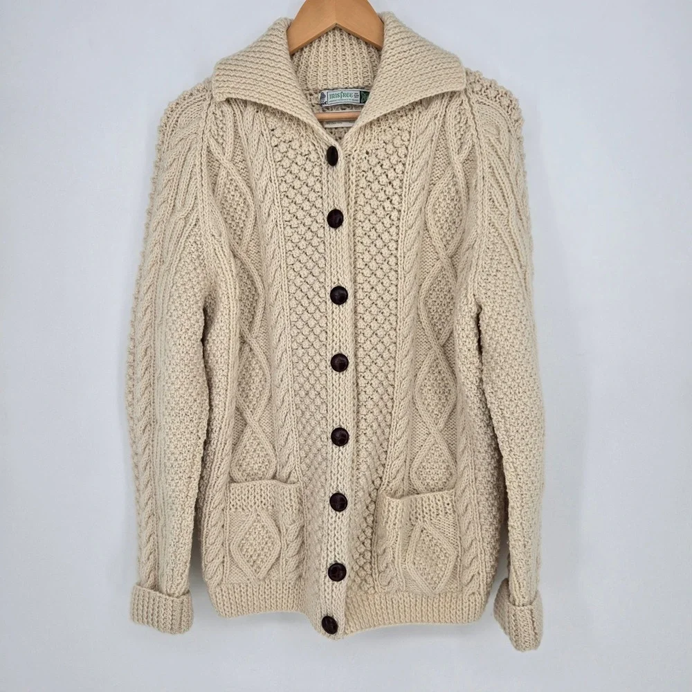 Vintage Womens M-L 100% Wool Irish Aran Sweater Cardigan Hat Combo‎ Cable Knit